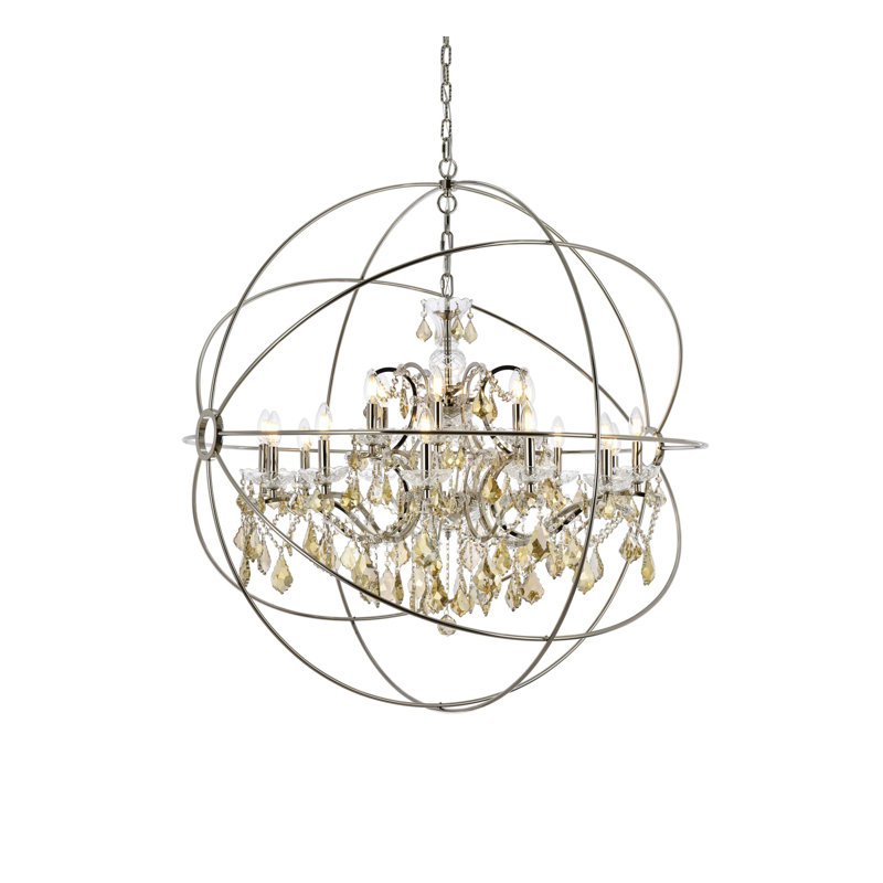 Lustre globe à bougie 18 lumières Svante, Teck doré (fumé), Nickel poli