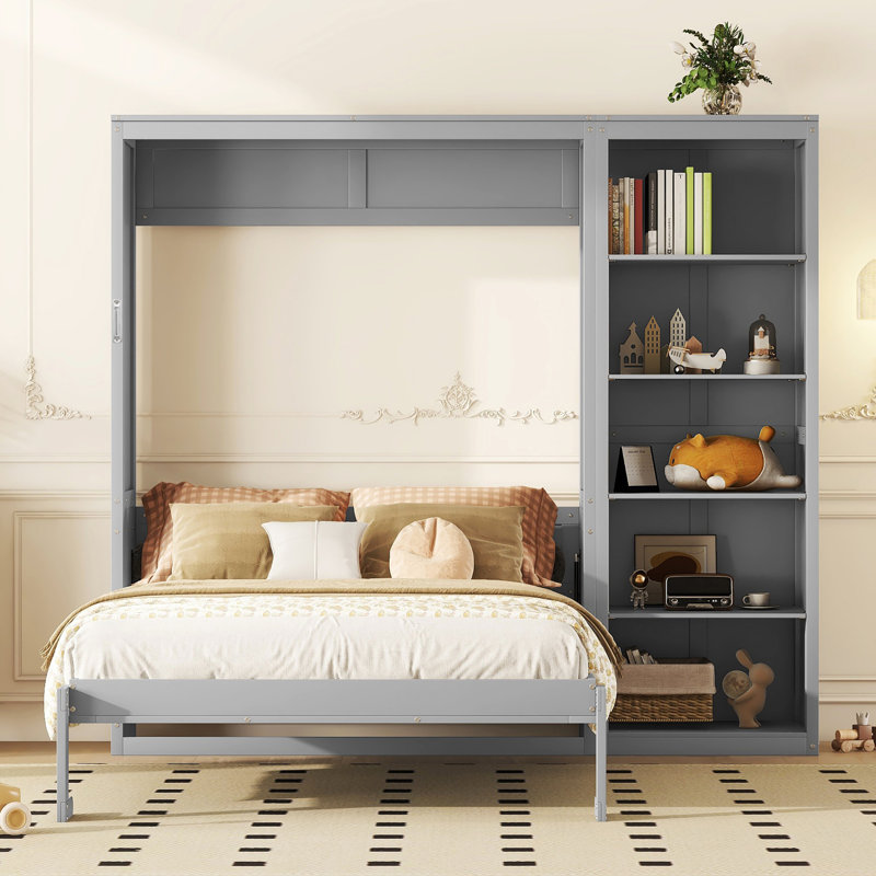 Lit escamotable grand format compact, bois aggloméré massif, gris moderne avec rangement