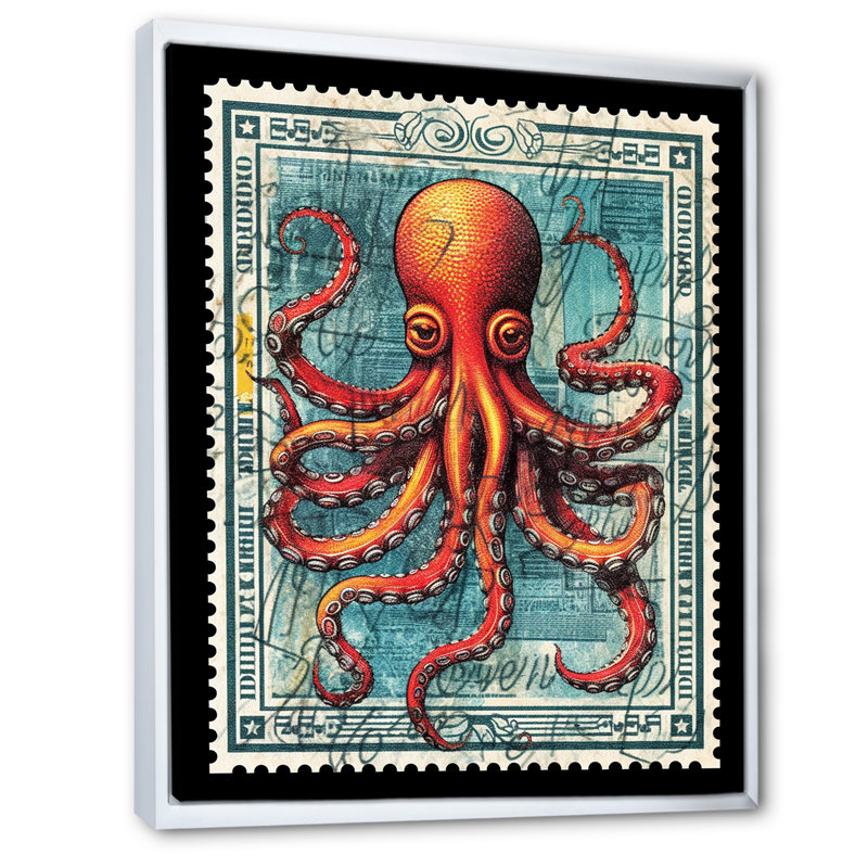 Timbre rétro, portrait de pieuvre rouge I, H 20 po x l 12 po x P 1 po, Cadre flottant blanc