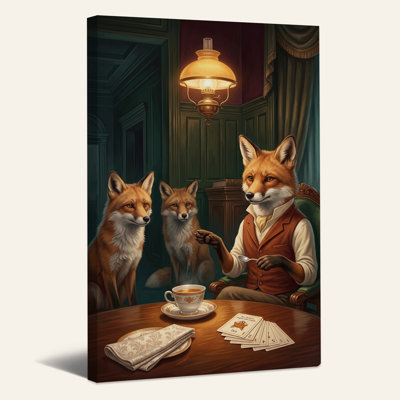 Anthropomorphic Foxes Tea Party In Victorian Room Canvas Wall Art