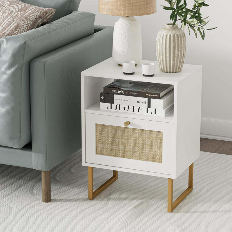 Rattan Nightstand,Modern Boho Farmhouse Wood Bedside Table With Storage Drawer And Open Shelf,Small Gold Frame Side End Table For Bedroom,Living Room,Office