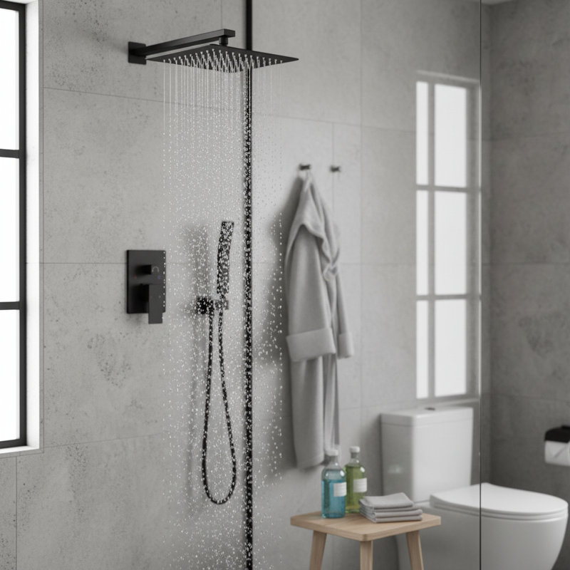 Système de douche à pluie mural moderne mat noir de 10 po avec valve à main et laiton, Noir mat