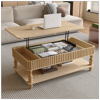 Lift Top Coffee Table with Storage, Solid Wood Finish and Fluted Roman Columns, Modern Lift-Top Desk for Small Spaces