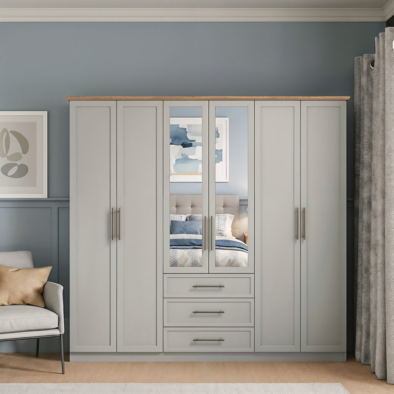 Cleverton 6 Door 3 Drawer Wardrobe with Mirror, Light Grey