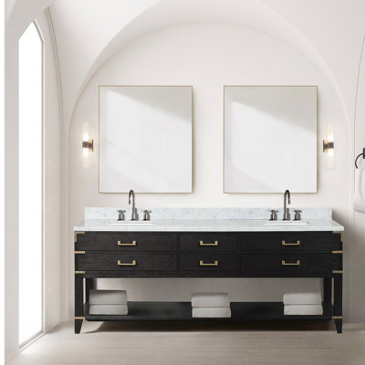 84 po Large meuble-lavabo double en chêne noir avec tiroir à fermeture douce, quatre compartiments et une tablette ouverte pour le rangement, tiroirs fonctionnels en bois massif prêts à assembler, espace de rangement,