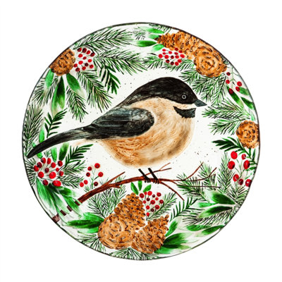 Bain d’oiseaux en verre estampé à la main à motif d’épinette et d’épinette d’hiver