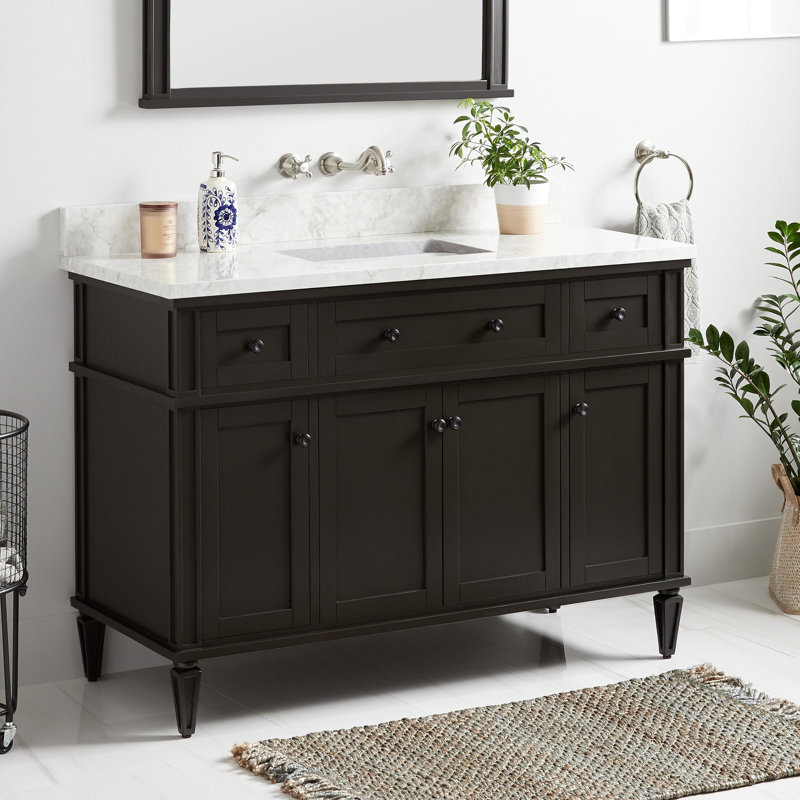 Elmdale 48" Freestanding Mahogany Single Vanity Rectangular Undermount Sink, Charcoal Black, Carrara Marble, No Faucet Hole
