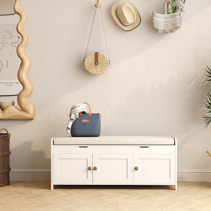  41.3" Shoe Bench with Lift Top Storage,10 Pair Linen Blend Upholstered Shoe Storage Bench, White