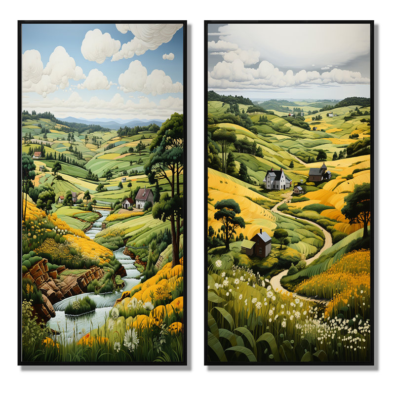 "Paysage de campagne vert et jaune" - 2 pièces sur toile, Cadre noir, H 32 po x l 32 po