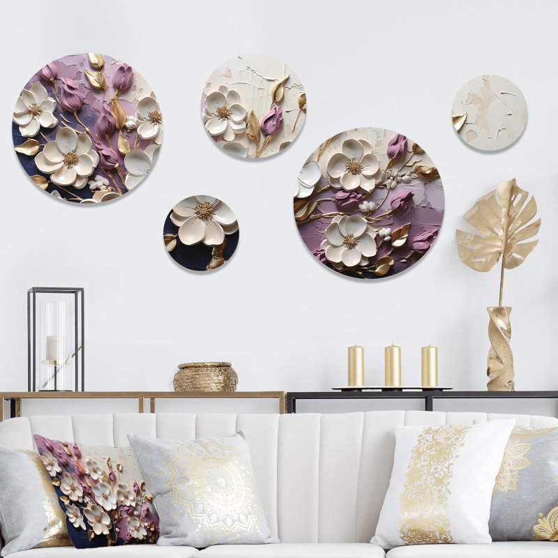 Fleurs de pavot blanches et mauves - ensemble d'art mural abstrait floral rond de 5