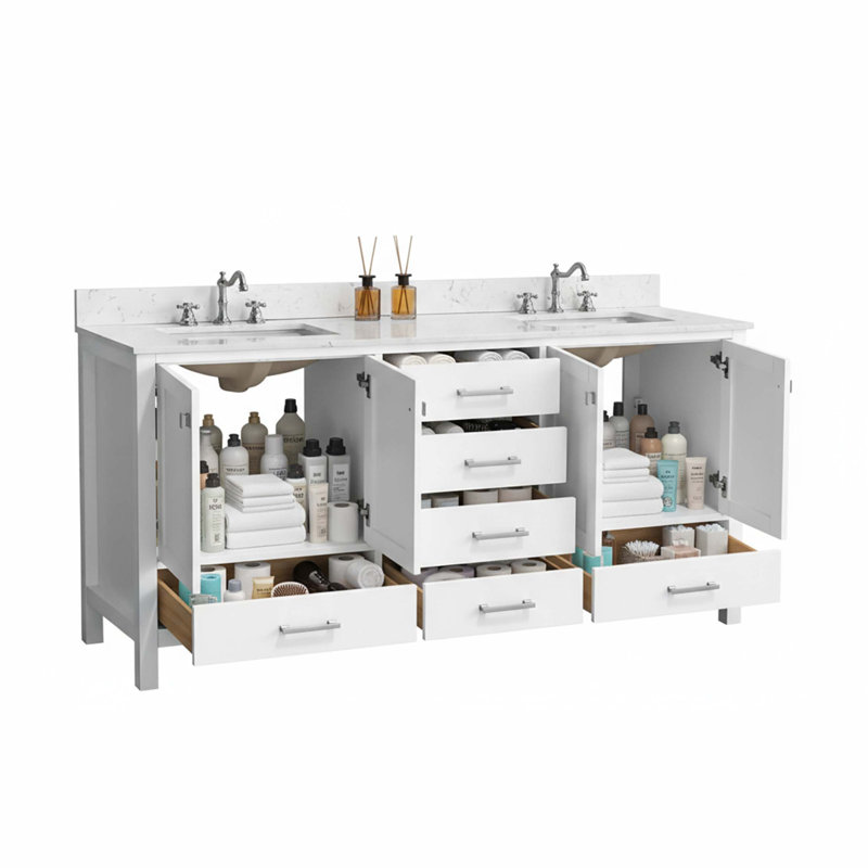 Meuble-lavabo 72 po, meuble-lavabo de salle de bain 72 po, comptoir autoportant avec 2 lavabos, Blanc