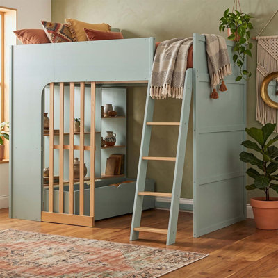Full Size Loft Bed with Shelves, Wooden High Sleeper with Ladder and Storage, Mint Green + Natural Oak