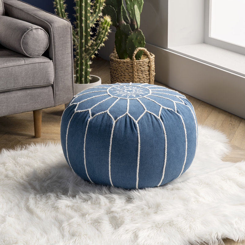 Edsell Upholstered Pouf, Blue Cotton