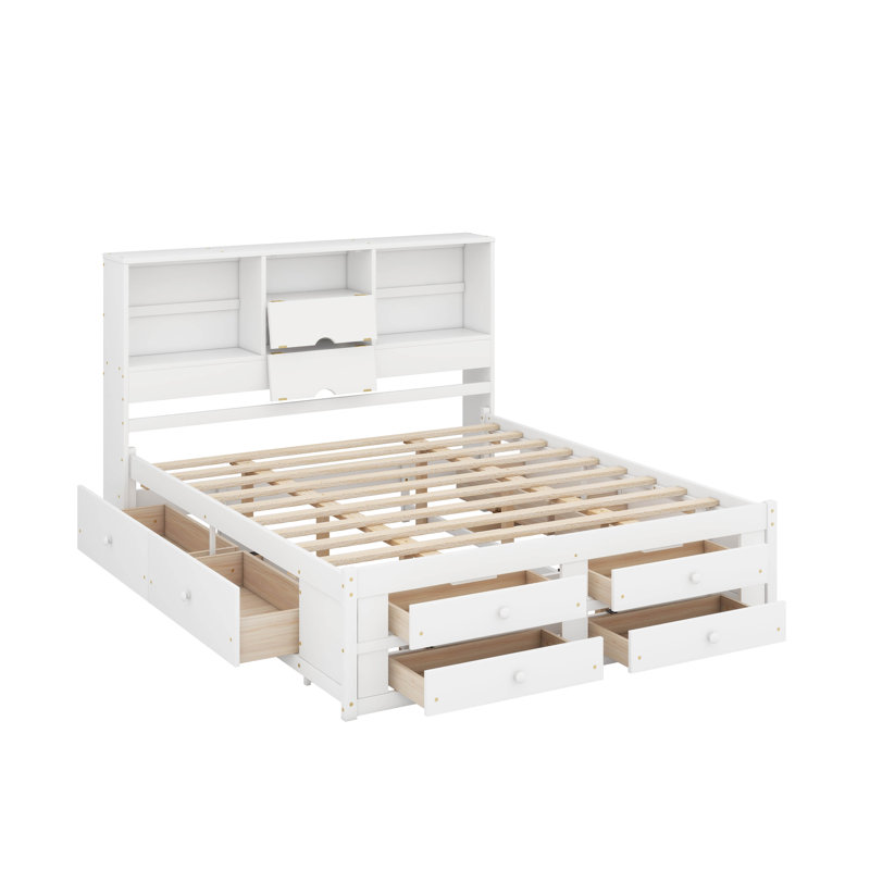 Très grand lit plateforme avec tête de lit et tiroirs, Très grand lit, Blanc