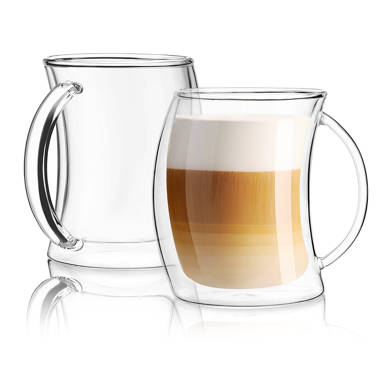 Double Wall Glass Insulated Cappuccino Coffee Mugs Cups W/ Handle 16 Oz Set  of 2