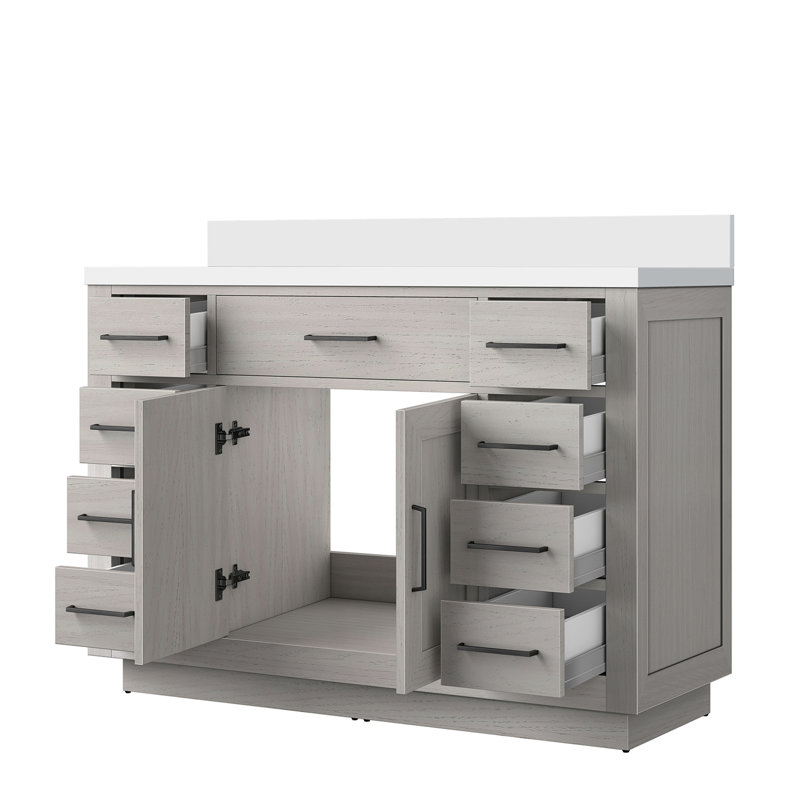48 po L x P 22 po. Meuble-lavabo simple avec aspect chêne blanc, comptoir en quartz, structure en bois massif, tiroirs à fermeture en douceur, assemblage pré-assemblé, conception, rénovation avant la salle de bain