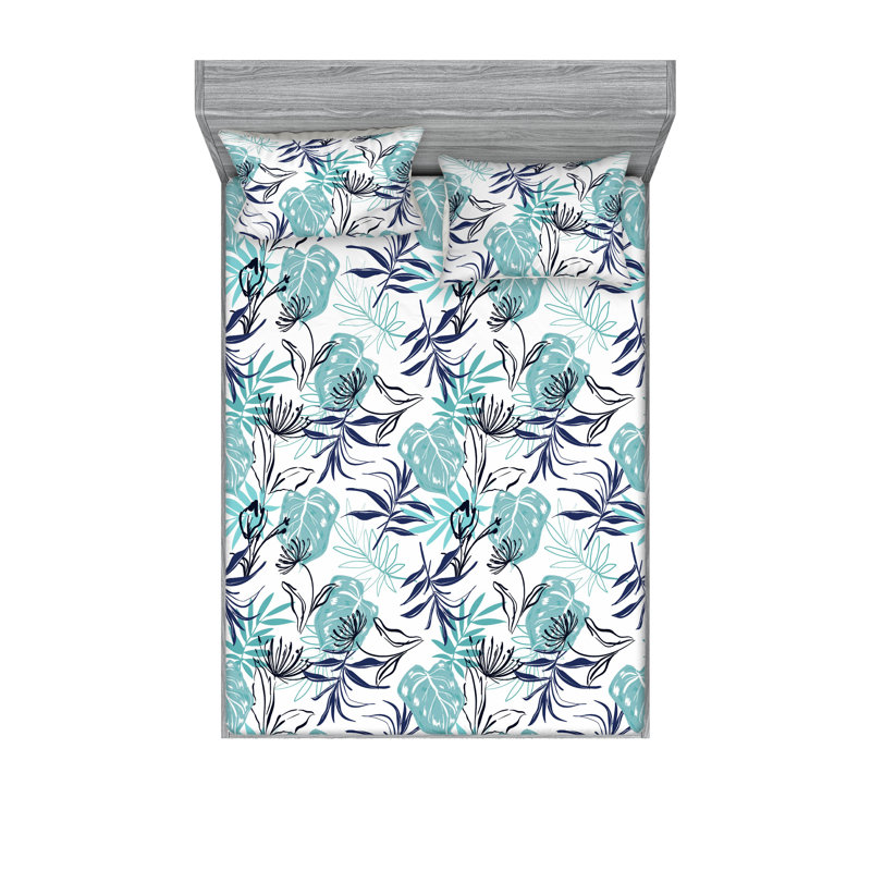Drap-housse et taies décoratives 3 pièces Ambesonne, Écume de mer, blanc, indigo foncé / floral