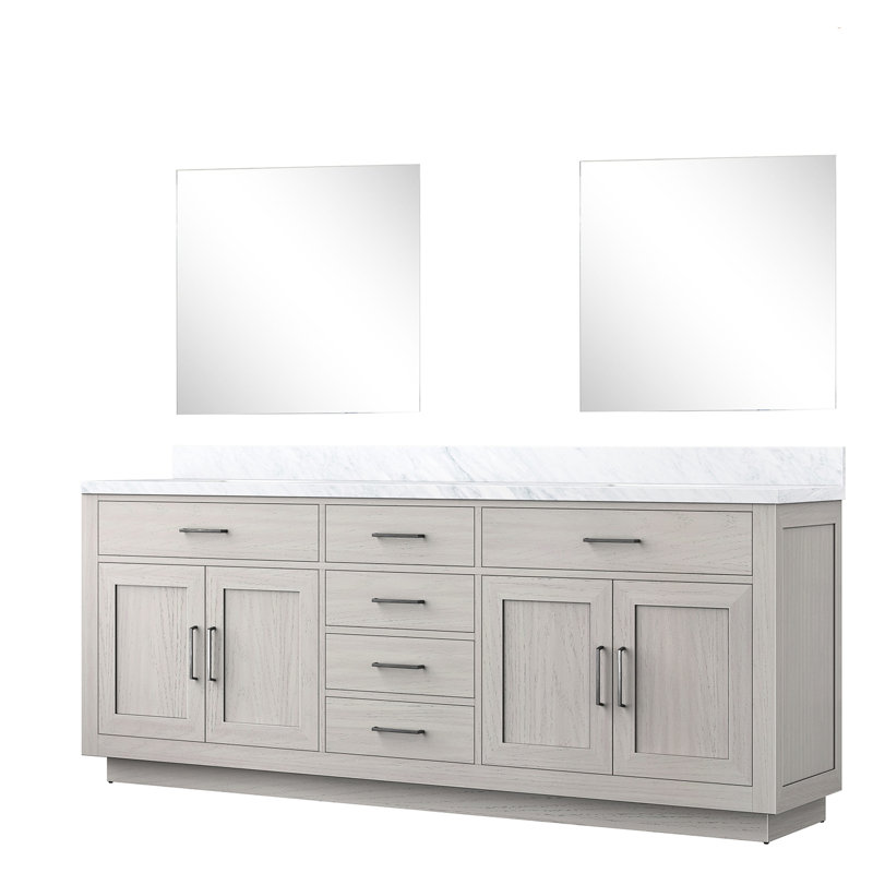 Meuble-lavabo double en chêne blanc 84 po L 22 po x P 22 po, plateau en marbre et 34 miroirs, tiroir à fermeture en douceur avec comptoir, tiroirs à miroir