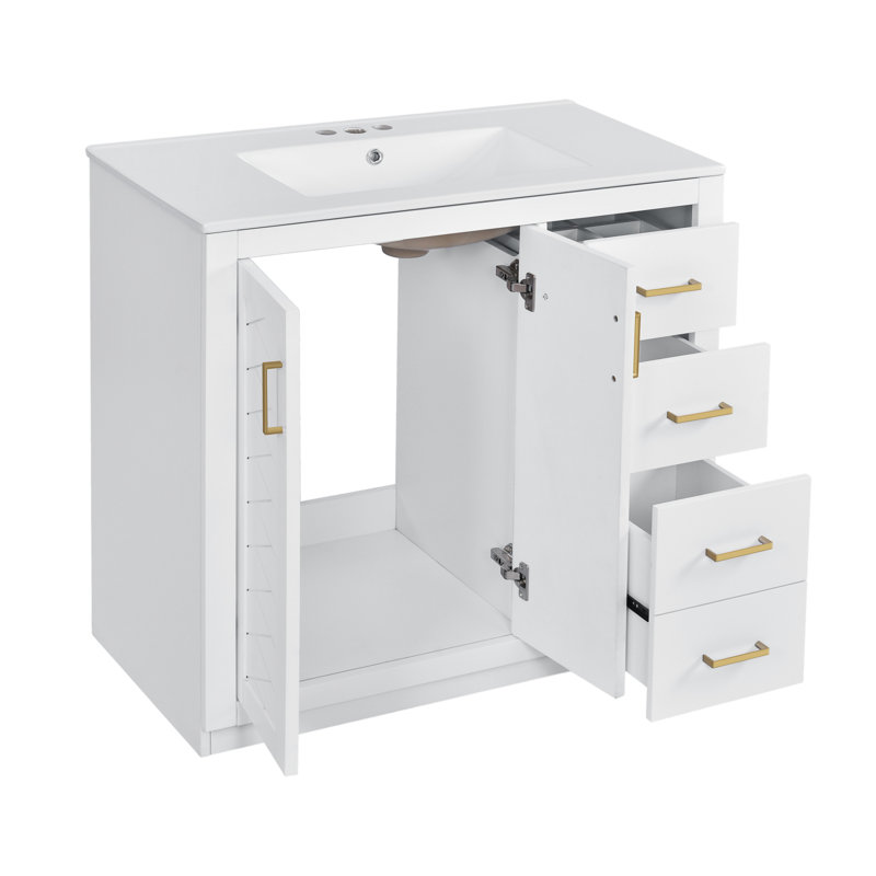Meuble-lavabo 36 po avec lavabo en céramique, meuble-lavabo autoportant avec 3 tiroirs et 2 portes, portes à fermeture douce