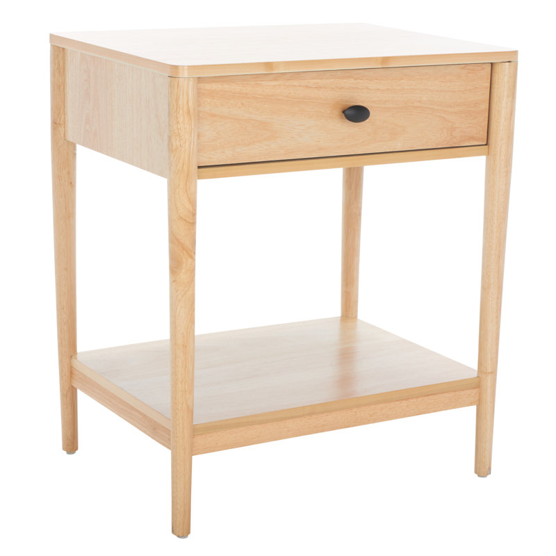 Natural Rubberwood 1-Drawer Nightstand with Graduated Legs