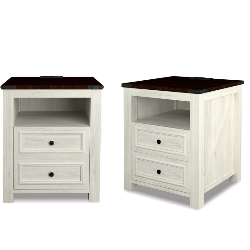 Nightstands With Charging Station, Rustic 18 Inch Bedside Table With 2 Storage Drawers And Open Shelf, Black, Individual