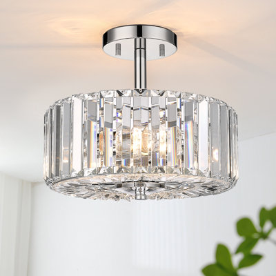 12" Chrome 2-Light Semi-Flush Mount Ceiling Light with K9 Crystal Shade, Modern Luxury Indoor Fixture