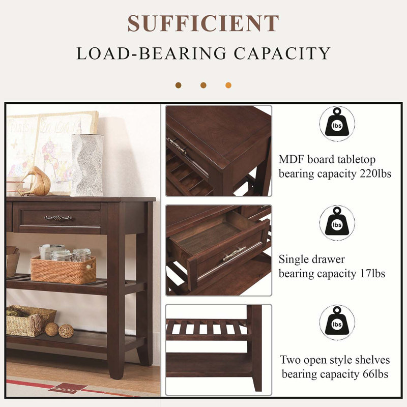 Console de rangement en bois Ajada avec 2 tiroirs de rangement et 2 tablettes à niveaux, Espresso