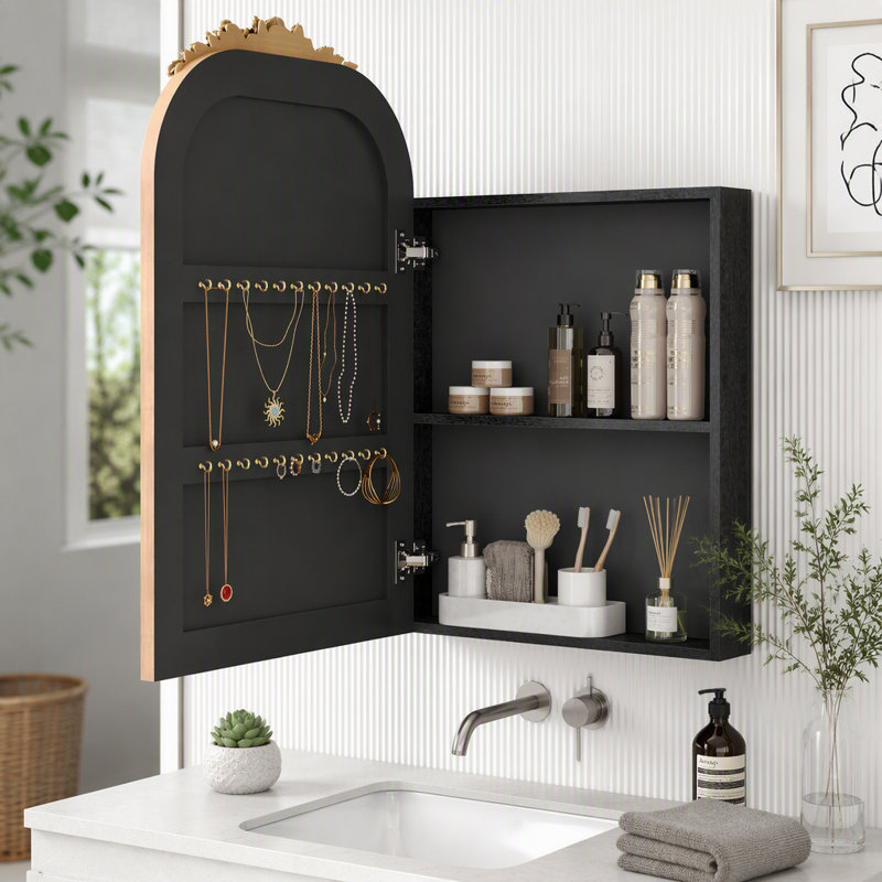 Miroir d'armoire à pharmacie rétro avec plateau sculpté arqué 20 po x 30 po, Or antique 29,92 po, noir