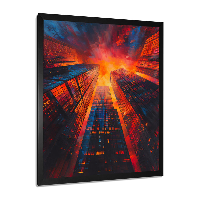 Décorations murales en verre orange gratte-ciel orange - gratte-ciel, Toile encadrée noire simple, H 24 po x l 32 po x P 1 po