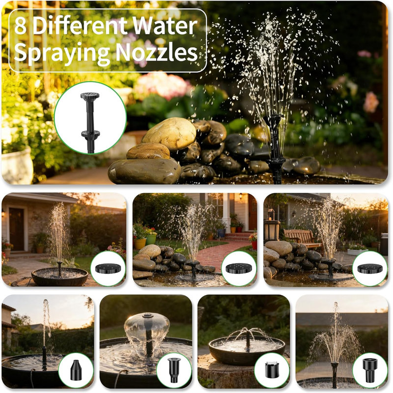 8W Solar Powered Fountain Pump with Low Water Protection, Adjustable Spray Nozzles for Garden Ponds, Bird Baths, and Outdoor Water Features