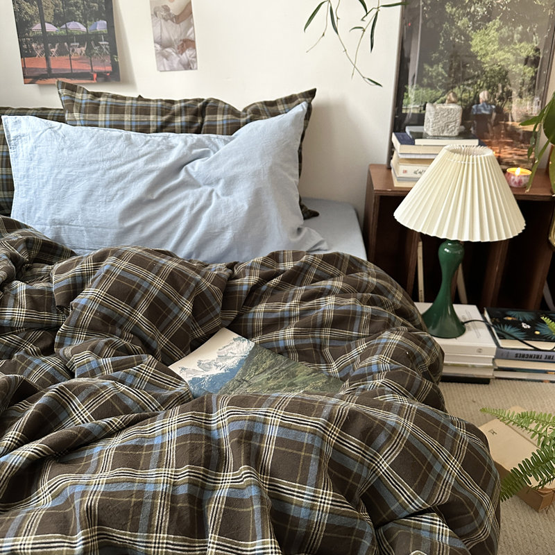 Vintage 3-Piece Washed Cotton Duvet Cover Set With Pillow Shams, King Duvet Cover + 2 King Shams, Blue/Brown Plaid