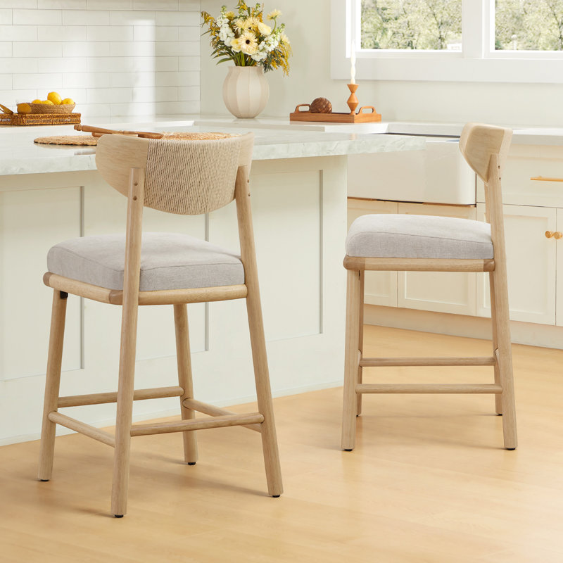 Upholstered Counter Stool with Handwoven Back, Off White