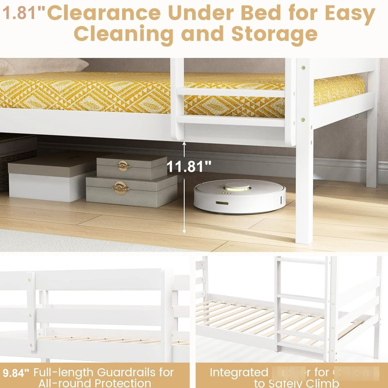 Lit superposé simple en bois de pin massif, conception convertible, ton blanc, garde-corps pleine longueur, intégré, sans sommier, 11,81 po pour lit de rangement en bois, amovible à deux lits, hauteur