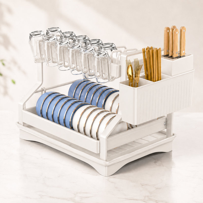 Two-Tier Stainless Rust-Resistant Adjustable Dish Rack, White