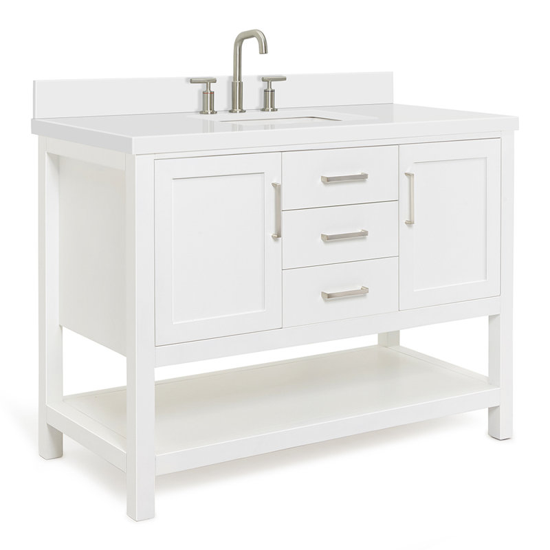Meuble-lavabo simple avec plateau en quartz Abby, Blanc, Quartz blanc pur, L 49 po