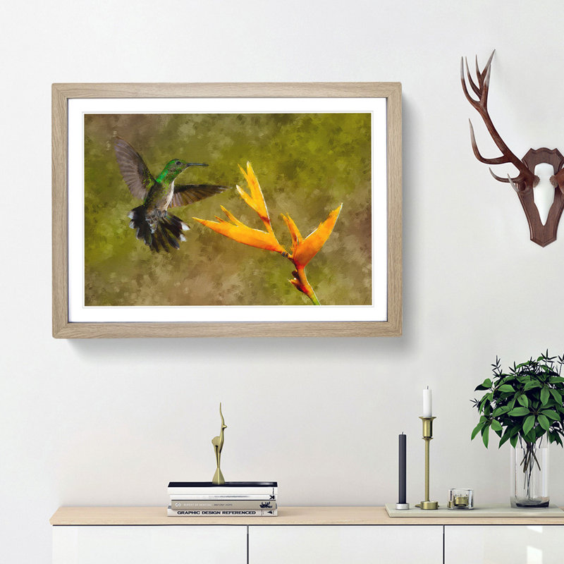 Hummingbird by a Flower - Picture Frame Painting Print, 45cm H x 63cm W x 2cm D, Oak Framed