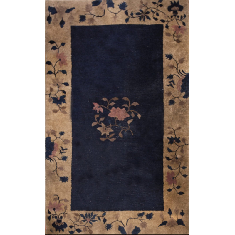 1920s Chinese - Art Deco Knotted Antique Small Scatter Size Blue Rectangle Wool Rug