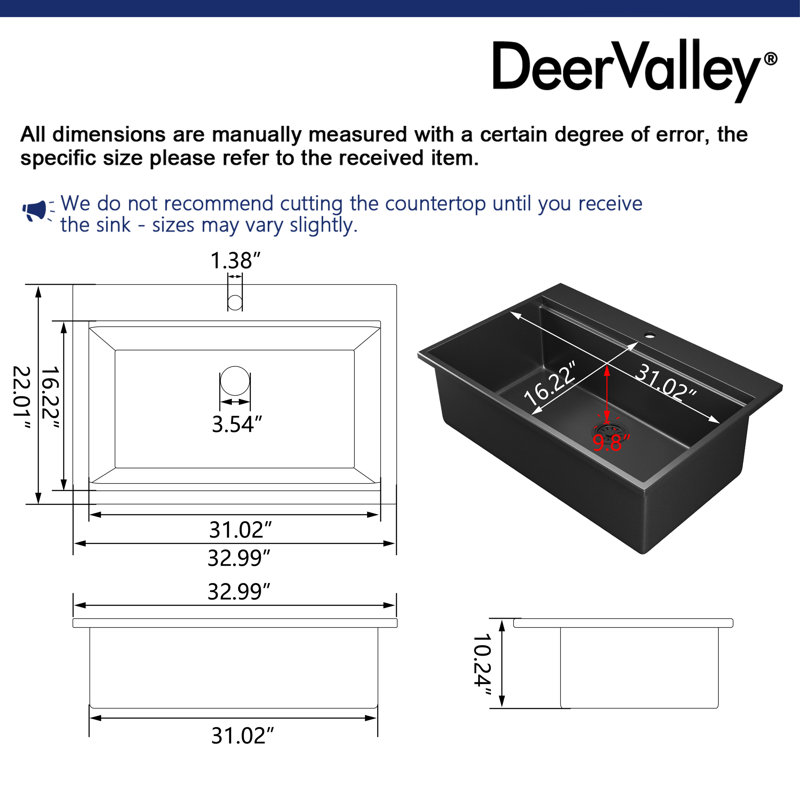 DeerValley 33" L Quartz Composite Workstation Kitchen Sink Drop in Single Bowl Sink