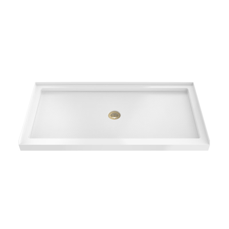 DreamLine SlimLine 32 inch D x 60 inch W x 2 3/4 inch H Single Threshold White Alcove Shower Base with 2 inch Polished Brass Center Round Drain