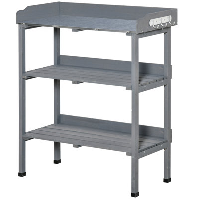 Banc de rempotage extérieur, table de rempotage en bois avec crochets, gris