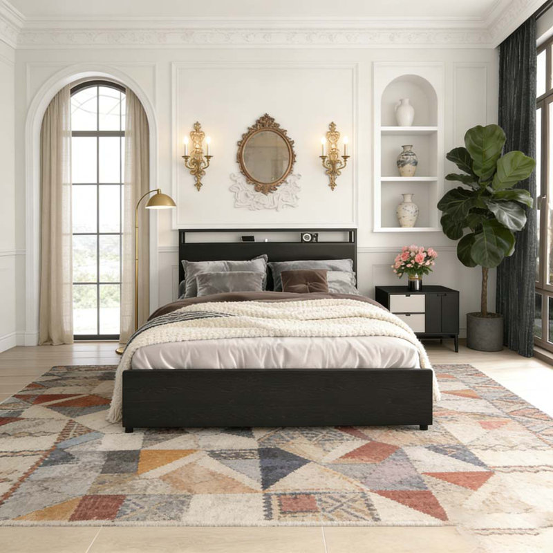 Queen Bed Frame, Storage Headboard with Charging Station, Queen
