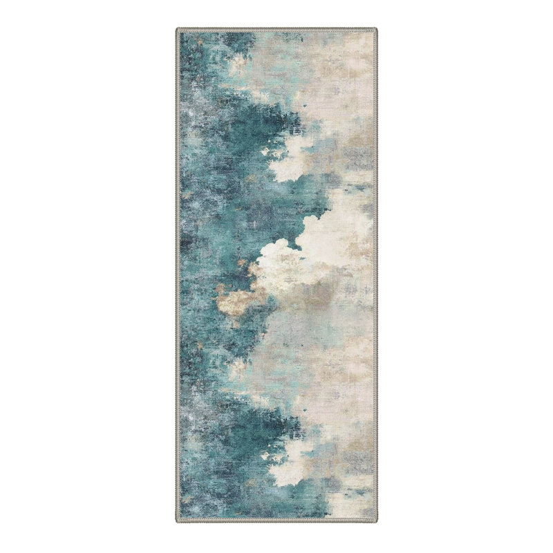 Aquatone Modern Machine Washable Beige / Blue Indoor Area Rug with Non-Slip Backing, Runner 2'3" x 6'