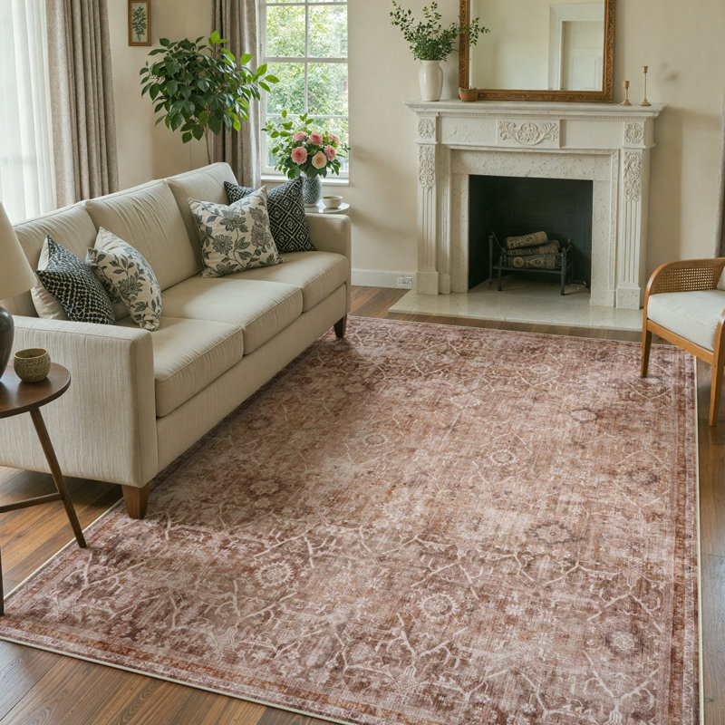 Vintage Tribal Cashmere Washable Red Area Rug - Soft Non Slip Oriental Distressed Design Rug for Living Room, Bedroom, or Study Decor