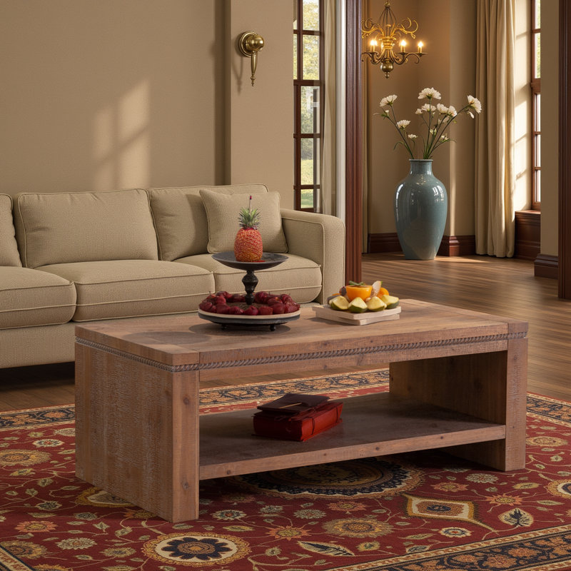 Table basse rectangulaire rustique à deux niveaux - Table de rangement en bois massif 47 po à 2 niveaux