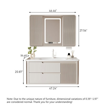 Modern Minimalist Cream Style Bathroom Vanity, Sintered Stone Hot-Bent Integrated Basin, 2 Drawers with Sliding Smart Medicine Cabinet
