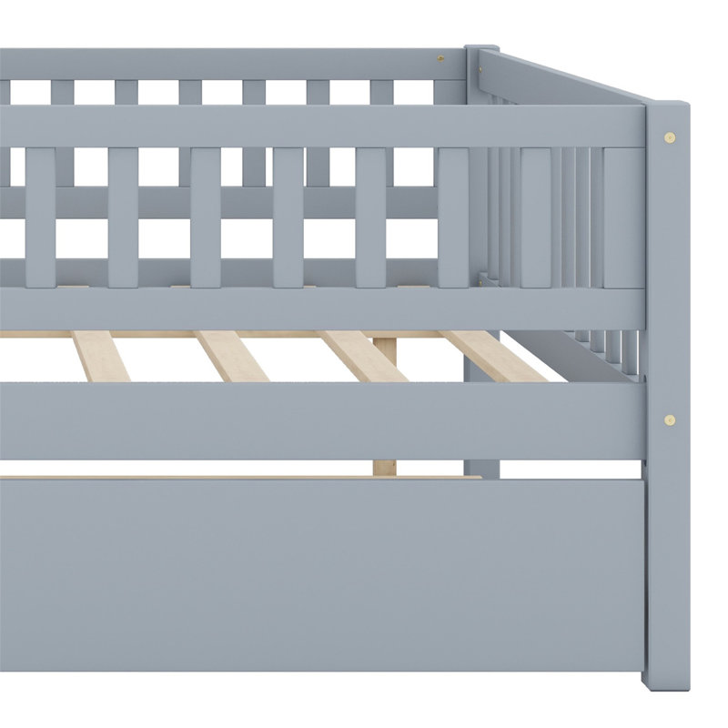 Wood Daybed with Trundle and Fence Guardrails, Gray, Full