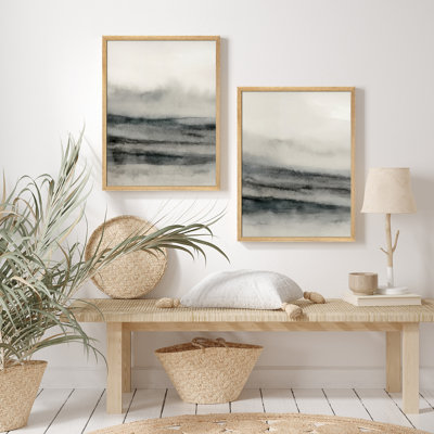 Soft Gray Horizon Abstract Framed Wall Art Prints Set of 2 - Minimal Misty Landscape for Living Room Bedroom