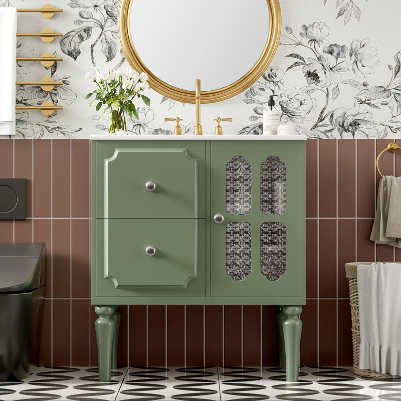 Meuble-lavabo de salle de bain de style rétro avec lavabo en céramique 30 po, meuble-lavabo simple autoportant avec 2 tiroirs, armoire de rangement en bois massif