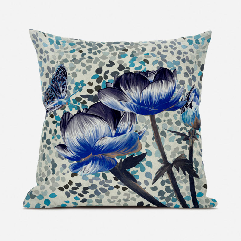 Floral Outdoor Reversible Throw Pillow, 18" x 18", Indigo/Blue/Dark Green