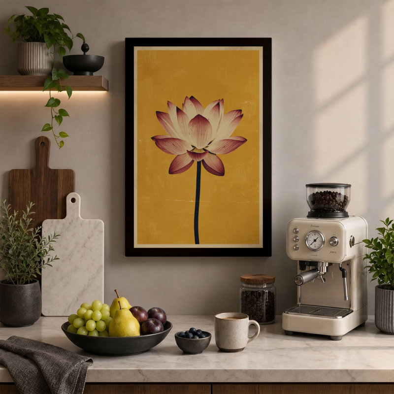 Serene Lotus Bloom Botanical - Wrapped Canvas, 36x24 - 91.4 x 61.0 cm, Ochre Border
